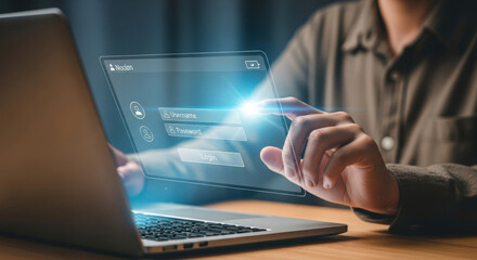 Secure Digital Access A Person Interacting with a Login Interface on a Laptop Screen Emphasizing Cybersecurity and Data Protection in the Digital Age
