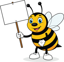 Cartoon bee character holding blank sign, smiling insect mascot, vector illustration, promotional design, cute bug, advertising concept, cheerful branding element