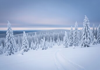 Snowy forest landscape with snow covered trees and ski tracks
