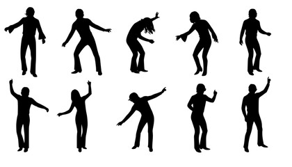 Naklejka premium A group of retro 70s disco dancer silhouettes in groovy poses 