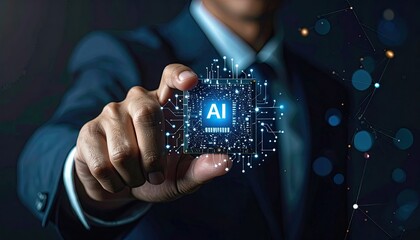 Person in suit holds a glowing circuit board with "AI" inscription