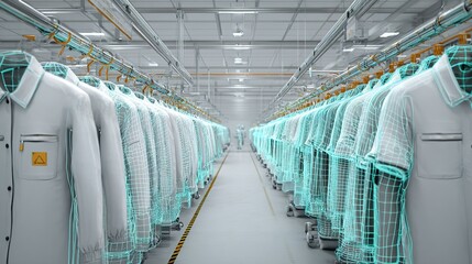 Obraz premium Innovative Factory Automation in Textile Manufacturing Modern Warehouse 3D Visualization High-Tech Environment Industrial Perspective Future of Fashion