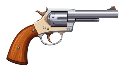 An illustration of a classic revolver. The pistol has a wooden grip, a metallic frame, and a long barrel. The gun is depicted in a cartoonish style