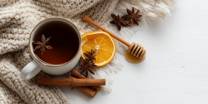 Flat lay of cozy autumn drink setup isolated on white background: mug of tea, wool blanket texture, honey dipper, cinnamon stick, orange slice, star anise, rustic napkin.

