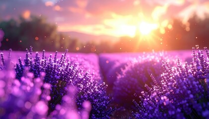 Fields of purple lavender flowers bathed in the warm glow of a sunset