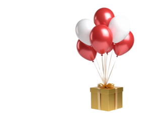 Golden Christmas Gift Box Floating with Helium Balloons, Whimsical Style, Transparent Background