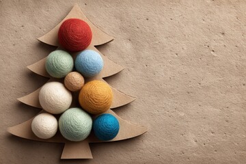Festive christmas tree decoration made of felt balls on a craft paper background conveys holiday spirit and creativity, suggesting a cozy, handmade christmas