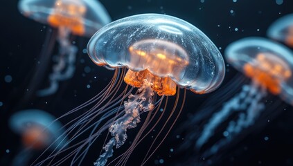 Translucent jellyfish swimming in dark ocean depths