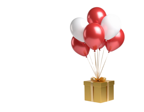 Golden Christmas Gift Box Floating with Helium Balloons, Whimsical Style, Transparent Background