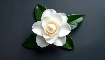 A pristine white camellia flower atop a dark background