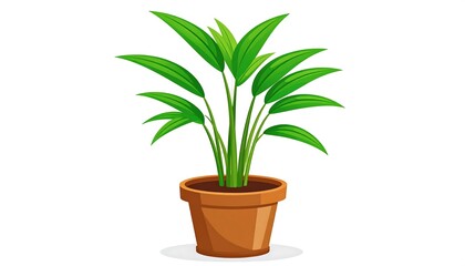 An illustration of a green leafy houseplant inside a brown ceramic pot, against a clean white background. The plant has long, slender leaves