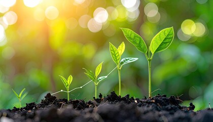 Young plants growing, highlighted by sunlight, in increasing stages on soil
