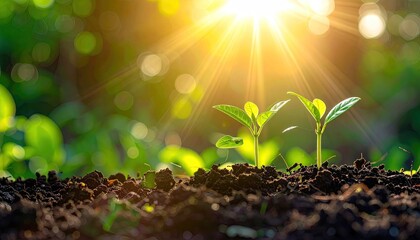 Two small green plants sprout from soil, bathed in sunlight, bokeh background
