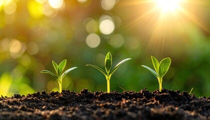 Three green sprouts emerge from rich soil, bathed in bright sunlight