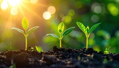 Three small seedlings grow toward bright sunlight, green leaves shining