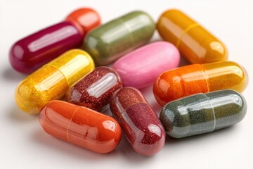 Close-up studio shot shows five vibrant, colorful capsules standing side-by-side against a white background, each with a unique hue and texture