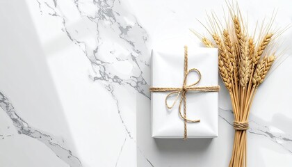 White wrapped gift with twine bow next to a wheat bundle on a marble surface