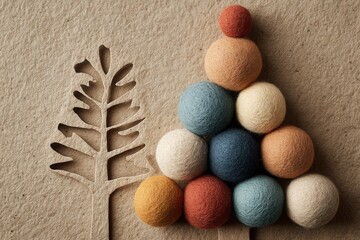 Festive christmas tree decoration made of felt balls on a craft paper background conveys holiday spirit and creativity, suggesting a cozy, handmade christmas