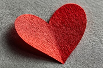 Red felt heart sits on textured grey fabric, symbolizing love, affection, or a handmade craft, ideal for Valentine's Day or expressing heartfelt emotions