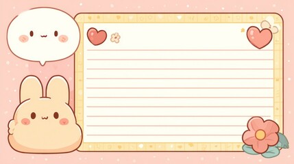 Cute cartoon bunny with notepad hearts and flower on pink background
