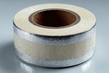 Roll of shiny silver foil tape for ductwork insulation and repair projects around the house and industrial applications on a white surface