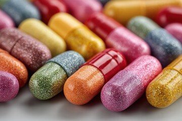 Close-up studio shot shows five vibrant, colorful capsules standing side-by-side against a white background, each with a unique hue and texture