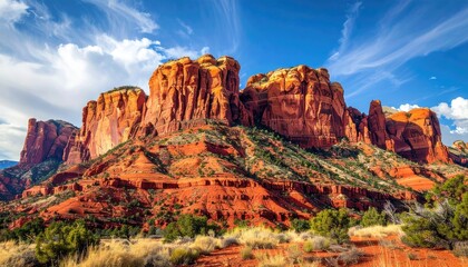 Fototapeta premium Majestic Red Rock Formation Under a Partly Cloudy Blue Sky in Sedona Arizona Natural Daylight Landscape