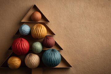 Festive christmas tree decoration made of felt balls on a craft paper background conveys holiday spirit and creativity, suggesting a cozy, handmade christmas