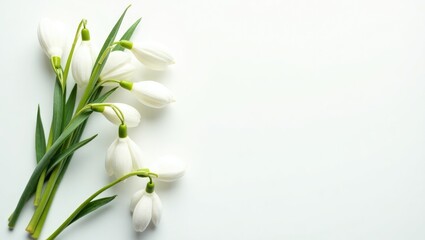 A delicate bouquet of white snowdrop flowers with green stems lies on a clean, bright white background.