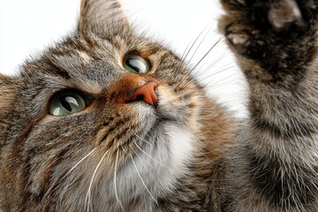 Close-up Portrait of a Tabby Cat Reaching Out its Paw on a White Background Indoors, Expressing Playfulness and Interaction