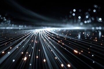 Abstract dark background showing light streaks and bright bokeh, ideal for technology, speed, or data transfer concepts or visual representations