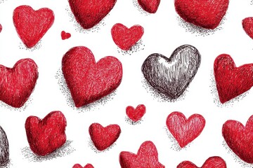 Valentine's Day seamless pattern showing many sketched red hearts and one gray heart on white background creates love design