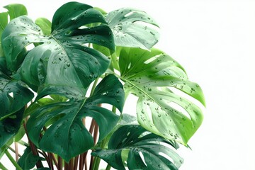 Close-up of a Vibrant Green Monstera Plant with Fresh Water Droplets on its Leaves Against a White Background
