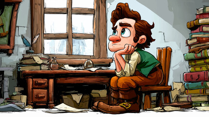 Cartoon illustration of a dreamy young boy sitting at an old wooden desk, surrounded by stacks of books and papers, gazing thoughtfully out the window. Creative and inspirational atmosphere
