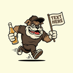 Aggressive Running Bulldog Mascot with Beer and Flag