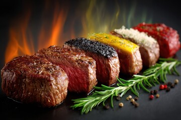 Juicy ribeye steak fresh off the grill with rosemary and garlic on a wooden cutting board creating smoke and ready to serve