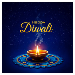 Happy Diwali Greeting with Lit Diya and Decorative Mandala