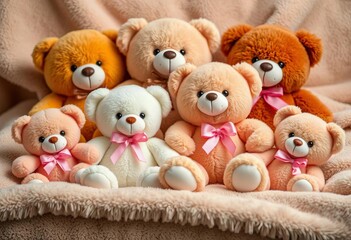Adorable plush teddy bears, various sizes, arranged on soft blanket, teddy bear,  collection