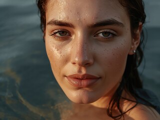 Portrait of a Woman Embracing Natural Beauty and Hydration: Close-Up of Serene Skin and Fresh Emotion in Sunny Outdoor Setting
