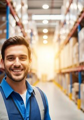 Portrait of a happy young worker against the backdrop of a sunlit warehouse. The concept of job satisfaction, career growth, and a positive corporate culture in distribution and logistics.