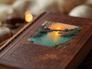 Vintage Leather Book with Serene Sunset Water Reflection in Nature Photography: Storytelling and Craftsmanship in Rustic Decor