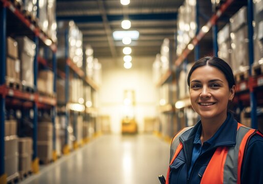 A smiling female logistician in a signal vest poses against the backdrop of a large warehouse with a forklift. The concept of career growth and gender equality in distribution and management.