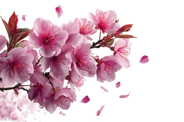 Blossoming cherry tree in Spring with pink flowers and falling petals against a white background, capturing a delicate moment of beauty