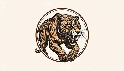 An illustration of a snarling, leaping spotted big cat within a circular border, brown and beige tones