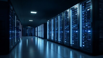 Futuristic data center hallway with rows of glowing blue server racks