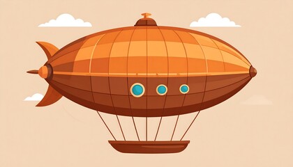 An illustration of a steampunk-style airship, featuring a large, copper-colored body with small windows and fins. A basket hangs beneath