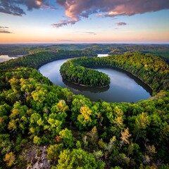 Serpentine river winding through lush forest