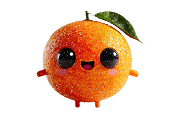 Adorable Cartoon Style Orange Character with Big Black Eyes Smiling Facial Expression and Small Green Leaf on Top Isolated on White Background