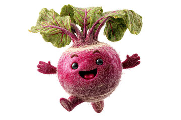 Cute and cheerful illustrated beet with a happy face, big expressive eyes, vibrant pink and purple colo, playful arms, and leafy green top, cartoon style