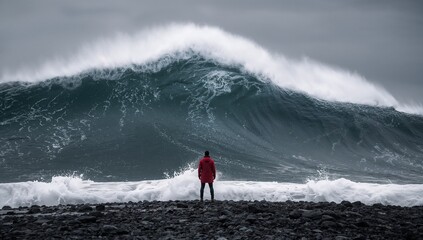 Lone figure facing an enormous ocean wave on a rocky shore